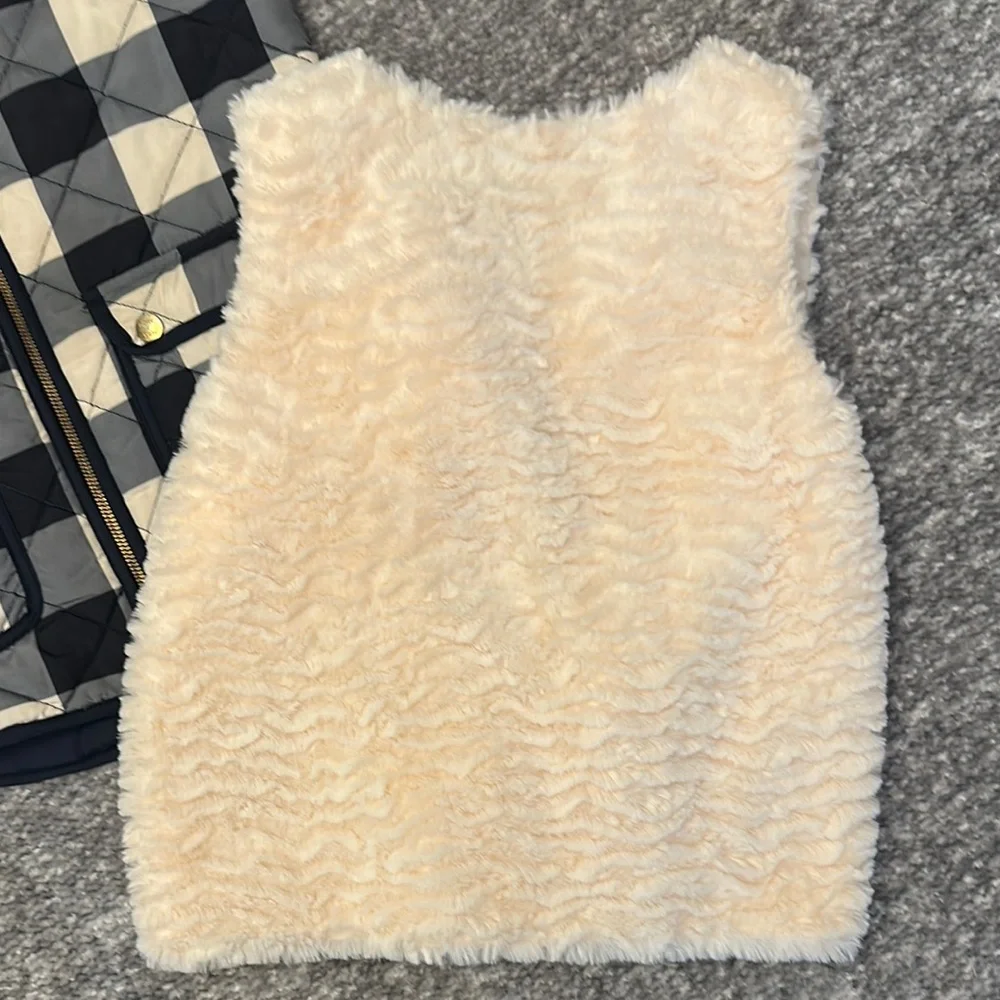 NWOT girls navy gingham zip up vest & cream faux fur open front vest 10/12